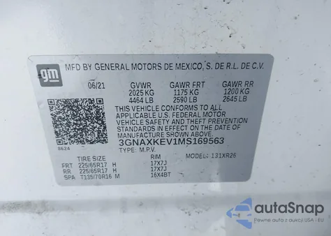 2021 Chevrolet Equinox Fwd Lt из США, поврежденный, VIN 3GNAXKEV1MS169563